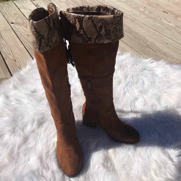 Trary brown suede over the knee high snake chunky heel boots NEW - Picture 9 of 10